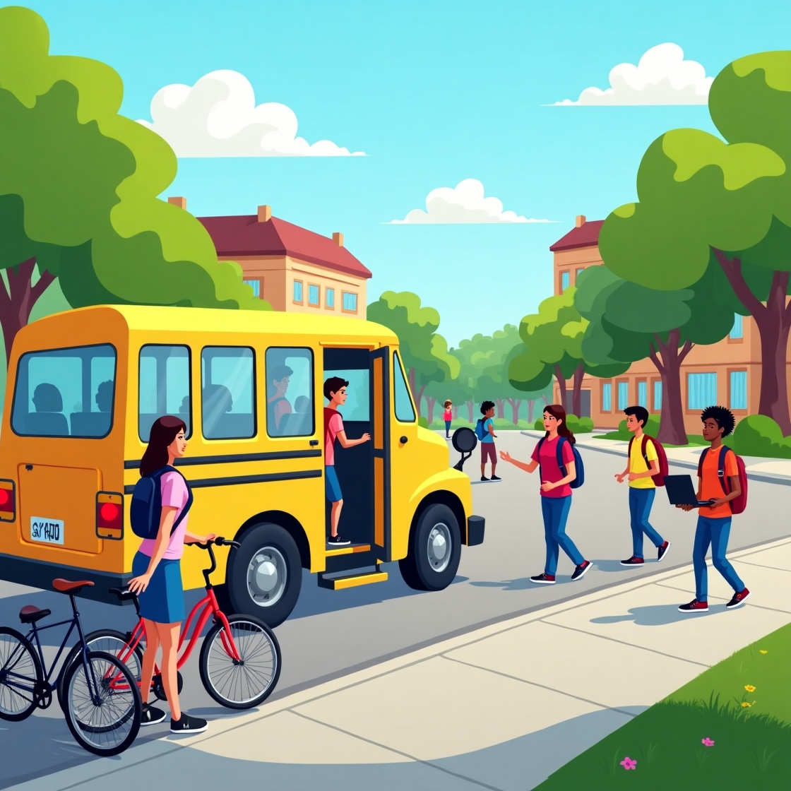 School bus picking up students with children boarding and waiting nearby